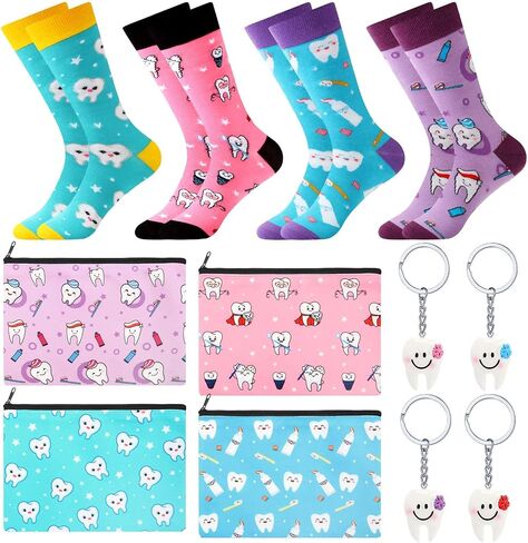 Suhine 12 Pcs Dental Hygienist Gifts 4 Pairs Novelty Teeth Socks 4 Dental Teeth Makeup Bags 4 Tooth Shape Key Chains Dental Assistant Gift for Women Doctor Nurse in Saudi Arabia