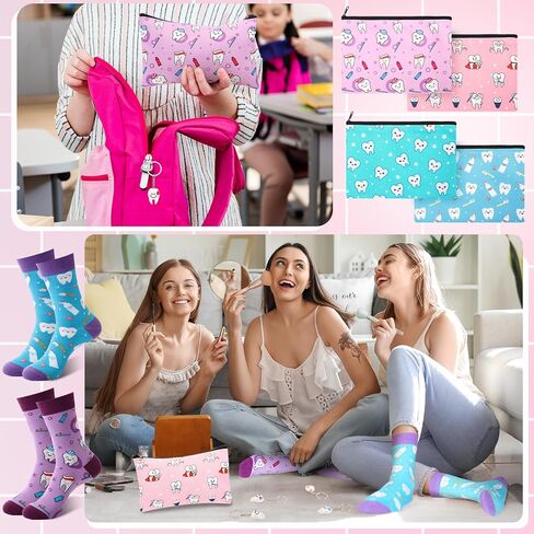 Suhine 12 Pcs Dental Hygienist Gifts 4 Pairs Novelty Teeth Socks 4 Dental Teeth Makeup Bags 4 Tooth Shape Key Chains Dental Assistant Gift for Women Doctor Nurse in Saudi Arabia
