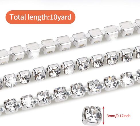 10 Yards 3MM Rhinestone Trim Crystal Rhinestone Chain Trim Rhinestone Ribbon Roll for Sewing Crafts, Jewelry Making, Wedding Cake, Bouquet, Clothes, DIY Decoration (White Rhinestone with Silver Base) in Saudi Arabia