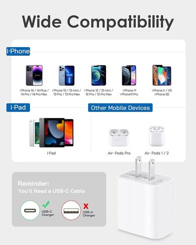 iPhone Charger Fast Charging, 3PACK 20W USB C Wall Charger Block with 3PACK 6FT Fast iPhone Charger Cord Compatible with iPhone 14/13/12/11 Pro Max,Mini,Pro/XR/iPad in Kuwait