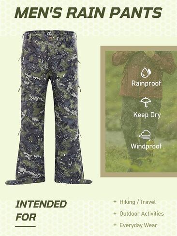 NEW VIEW Men's Waterproof Rain Pants with Ankle Zipper, Lightweight Camo Stretch Pants for Tri Weather Outdoor Travel, Hiking in Saudi Arabia