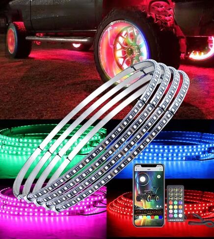 Exerock 4 قطعة 15.5 بوصة ضوء عجلة قابل للتعديل 12 فولت إضاءة مقاومة للماء LED مضيئة عجلة حلقة ضوء عدة وظيفة إشارة الانعطاف in Kuwait