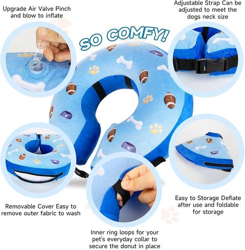 Inflatable Dog Cone Collar Alternative After Surgery, Pet Neck Donut Collar Soft Protective Recovery Cone for Dogs and Cats, E Collar not Block Vision (M-Neck: 8''-12'', Football and Blue) in Saudi Arabia