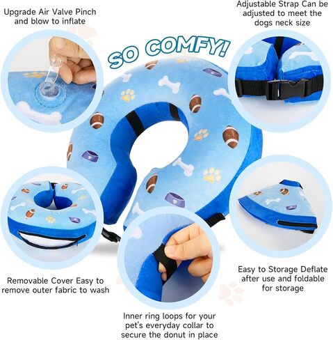 HEYISME نفخ الكلب طوق مخروط بديل بعد الجراحة، الحيوانات الأليفة الرقبة دونات طوق لينة مخروط الانتعاش واقية للكلاب والقطط، طوق E لا كتلة الرؤية (L-الرقبة: 12 ''-18''، كرة القدم والأزرق) in Kuwait