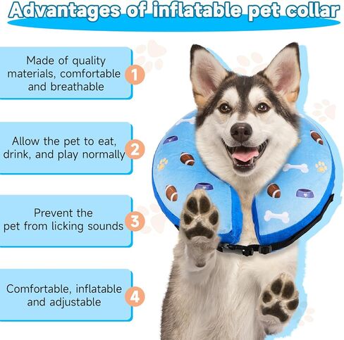 HEYISME نفخ الكلب طوق مخروط بديل بعد الجراحة، الحيوانات الأليفة الرقبة دونات طوق لينة مخروط الانتعاش واقية للكلاب والقطط، طوق E لا كتلة الرؤية (L-الرقبة: 12 ''-18''، كرة القدم والأزرق) in Kuwait