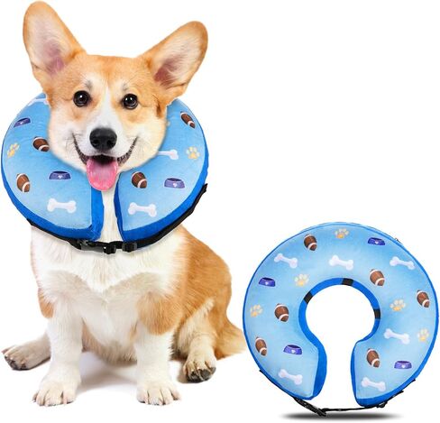 HEYISME نفخ الكلب طوق مخروط بديل بعد الجراحة، الحيوانات الأليفة الرقبة دونات طوق لينة مخروط الانتعاش واقية للكلاب والقطط، طوق E لا كتلة الرؤية (L-الرقبة: 12 ''-18''، كرة القدم والأزرق) in Kuwait
