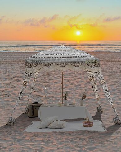 OutdoorMaster Beach Cabana with Fringe, Portable 6' x 6' Beach Canopy, Easy Set Up Beach Shelter, Included Side Wall, UPF 50+ UV Protection Sun Umbrella - for Kids, Family & Friends -Romantic White in Saudi Arabia