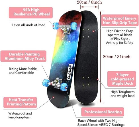 BIASTNR Skateboard for Kids, 31 Inch Standard Complete Skateboard, 7 Layer Maple Double Kick Deck Cruiser Skateboard for Beginners, Adults, Teens, Kids in Kuwait