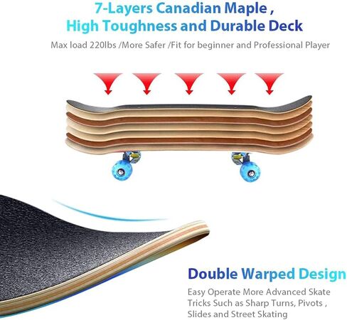 BIASTNR Skateboard for Kids, 31 Inch Standard Complete Skateboard, 7 Layer Maple Double Kick Deck Cruiser Skateboard for Beginners, Adults, Teens, Kids in Kuwait