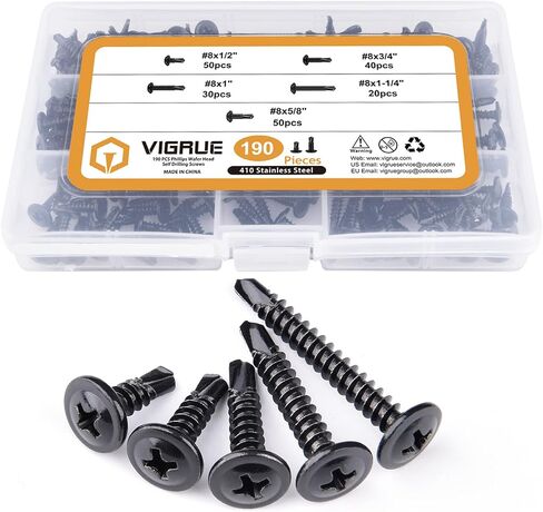 410 مجموعة متنوعة من مسامير الصفائح المعدنية من الفولاذ المقاوم للصدأ، 8 × 1/2 بوصة إلى 1-1/2 بوصة رأس تروس معدلة متنوعة مسامير سوداء ذاتية التنصت للمعادن والبلاستيك والألمنيوم و190 قطعة من براغي الحفر الذاتي in Kuwait