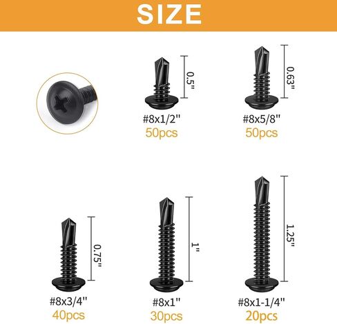 410 مجموعة متنوعة من مسامير الصفائح المعدنية من الفولاذ المقاوم للصدأ، 8 × 1/2 بوصة إلى 1-1/2 بوصة رأس تروس معدلة متنوعة مسامير سوداء ذاتية التنصت للمعادن والبلاستيك والألمنيوم و190 قطعة من براغي الحفر الذاتي in Kuwait