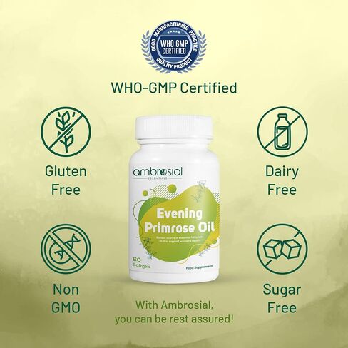 AMBROSIAL Evening Primrose Oil 1000mg (EPO) | Cold Pressed Primrose Oil Capsules | Rich Source of Omega 6 Fatty Acids & GLA | High Strength Evening Primrose Capsules (Pack of 1-60 Softgels) in Saudi Arabia