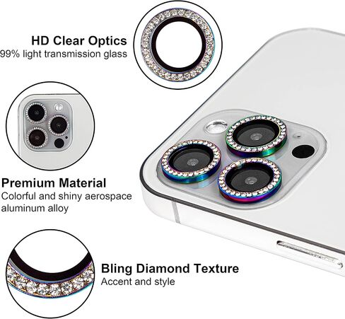 Optodir Tech Diamond Rhinestone Colorful Camera Protector - iPhone 13 Pro, iPhone 13 Pro Max Camera Lens Protector - Ultimate Protection for Your iPhone 13 Pro Max in Saudi Arabia