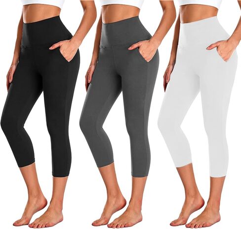 NEW YOUNG 3 Pack Capri Leggings for Women with Pockets-High Waisted Tummy Control Workout Gym Yoga Active Pants in Saudi Arabia