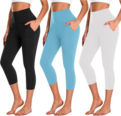 NEW YOUNG 3 Pack Capri Leggings for Women with Pockets-High Waisted Tummy Control Workout Gym Yoga Active Pants in Saudi Arabia