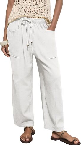 Acelitt Womens Cotton Linen Palazzo Pants Drawstring Elastic Waist Casual Wide Leg Trousers with Pockets in Saudi Arabia