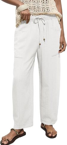 Acelitt Womens Cotton Linen Palazzo Pants Drawstring Elastic Waist Casual Wide Leg Trousers with Pockets in Saudi Arabia
