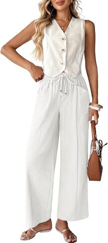 Acelitt Womens Cotton Linen Palazzo Pants Drawstring Elastic Waist Casual Wide Leg Trousers with Pockets in Saudi Arabia