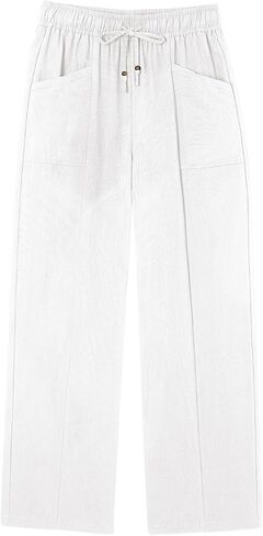 Acelitt Womens Cotton Linen Palazzo Pants Drawstring Elastic Waist Casual Wide Leg Trousers with Pockets in Saudi Arabia