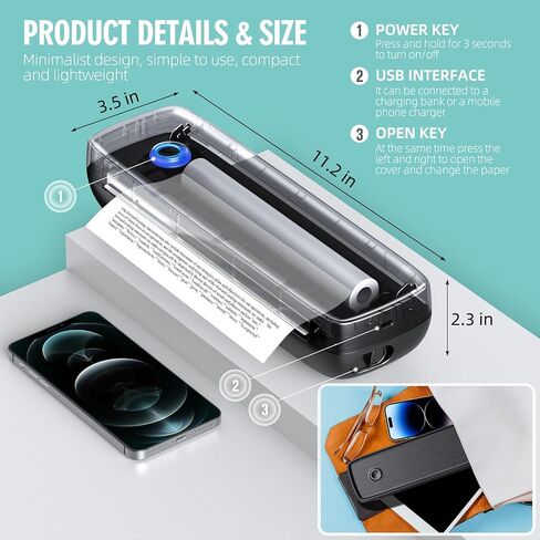 Portable Printers Wireless for Travel, Inkless Printer Mini Bluetooth Small Printers for Home Use Support 8.5" X 11" US Letter Legal, A4, A5 Thermal Printer Paper Compatible with iOS, Android&Laptop in Saudi Arabia