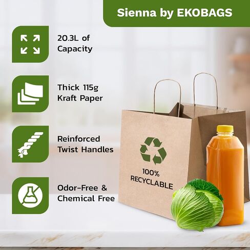 EKOBAGS. Sienna Kraft Paper Gift Bags with Handles | Sturdy Brown Paper Bags Bulk for Retail, Shopping, Party Favors & Small Business | 100% Recyclable & Sustainable | 12x8x13 inches, 25-Pack in Saudi Arabia