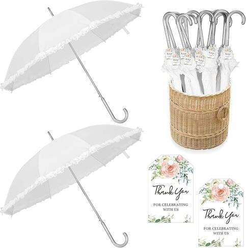 Abbylike 6 Pcs Wedding Ruffle Umbrellas Bulk 47 Inch White Stick Umbrellas for Wedding Second Line Parasol with j Hook Handle for Outdoor Wedding Bride Groom Gifts Bridal Shower Party Decor in Kuwait