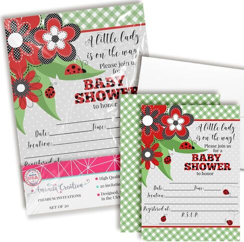 Amanda Creation Red Ladybug Baby Shower تدعو إلى الفتيات ، 20 5 × 7 من جانب مزدوج ملء دعوات استحمام طفل الخنفساء مع 20 مظاريف بيضاء بطاقات استحمام الطفل in Saudi Arabia