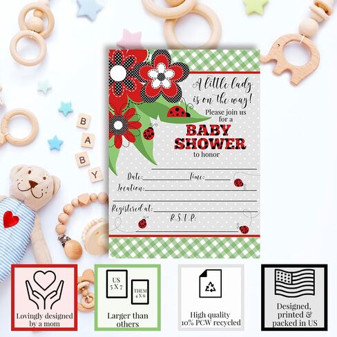 Amanda Creation Red Ladybug Baby Shower تدعو إلى الفتيات ، 20 5 × 7 من جانب مزدوج ملء دعوات استحمام طفل الخنفساء مع 20 مظاريف بيضاء بطاقات استحمام الطفل in Saudi Arabia