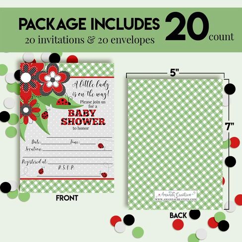 Amanda Creation Red Ladybug Baby Shower تدعو إلى الفتيات ، 20 5 × 7 من جانب مزدوج ملء دعوات استحمام طفل الخنفساء مع 20 مظاريف بيضاء بطاقات استحمام الطفل in Saudi Arabia