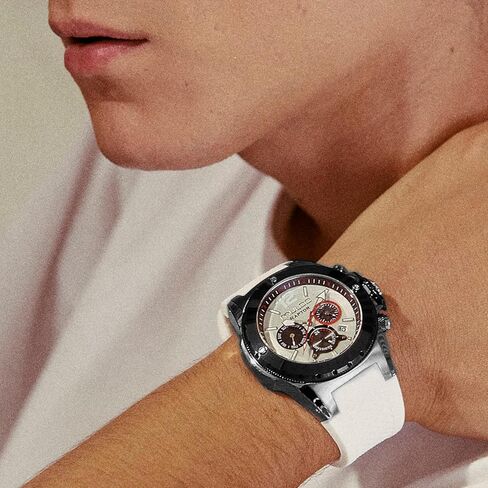 MULCO Watches for Men - Kripton, Silver Stainless Steel Case with Wrist Silicone Band, Quartz Multifunctional Day and Date Movement, Large Face Analog Display - Rose Gold Accents, 100m- Waterproof in Kuwait