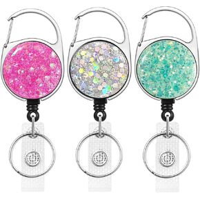 3 Pack Retractable Carabiner Badge Holder, FadyRaye Badge Reel with Belt Clip for Nurse Teacher Name Card Keychain [Bling Cute Design 27" Nylon Wire Cord] in Kuwait