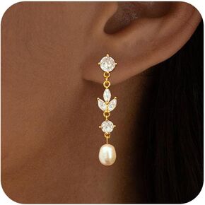 أقراط لؤلؤة للنساء العصرية ، 14K مطلي بالذهب العذبة CZ Leaf Pearl Dangle Drop Mold أقراط خفيفة الوزن خفيفة الفقرة مرتين in Kuwait
