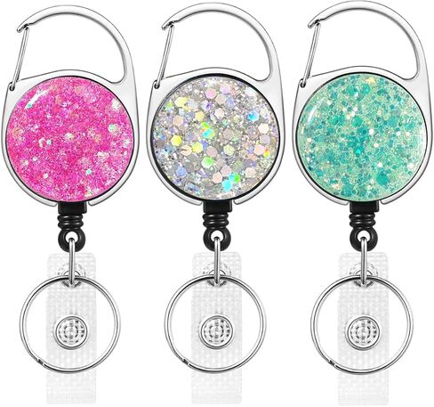 3 Pack Retractable Carabiner Badge Holder, FadyRaye Badge Reel with Belt Clip for Nurse Teacher Name Card Keychain [Bling Cute Design 27" Nylon Wire Cord] in Kuwait