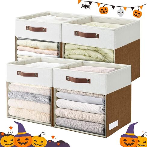 مكعبات التخزين مع صناديق تخزين قابلة للطي من قماش النافذة الصافية مع مقابض 13 × 13 بوصة تخزين قابلة للطي لخزانة الرف 4 حزمة والرمادي والأبيض in Kuwait