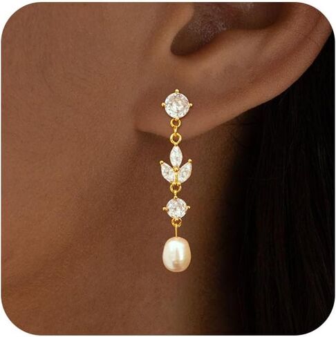 أقراط لؤلؤة للنساء العصرية ، 14K مطلي بالذهب العذبة CZ Leaf Pearl Dangle Drop Mold أقراط خفيفة الوزن خفيفة الفقرة مرتين in Kuwait