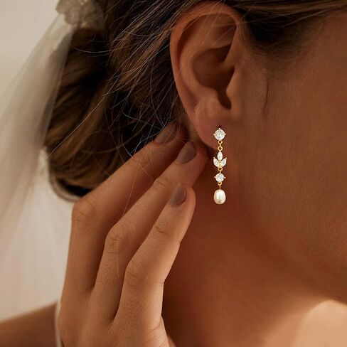 أقراط لؤلؤة للنساء العصرية ، 14K مطلي بالذهب العذبة CZ Leaf Pearl Dangle Drop Mold أقراط خفيفة الوزن خفيفة الفقرة مرتين in Kuwait