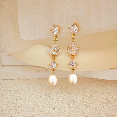 أقراط لؤلؤة للنساء العصرية ، 14K مطلي بالذهب العذبة CZ Leaf Pearl Dangle Drop Mold أقراط خفيفة الوزن خفيفة الفقرة مرتين in Kuwait