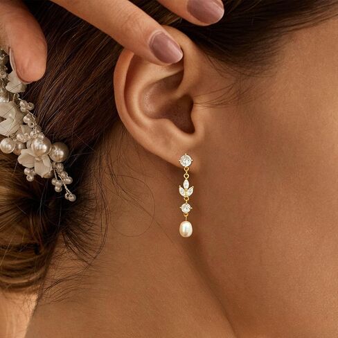 أقراط لؤلؤة للنساء العصرية ، 14K مطلي بالذهب العذبة CZ Leaf Pearl Dangle Drop Mold أقراط خفيفة الوزن خفيفة الفقرة مرتين in Kuwait