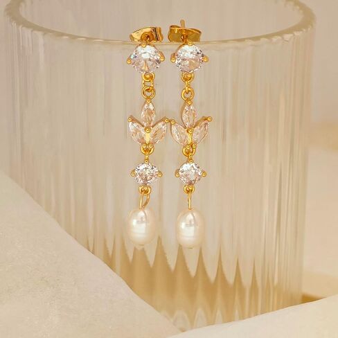 أقراط لؤلؤة للنساء العصرية ، 14K مطلي بالذهب العذبة CZ Leaf Pearl Dangle Drop Mold أقراط خفيفة الوزن خفيفة الفقرة مرتين in Kuwait