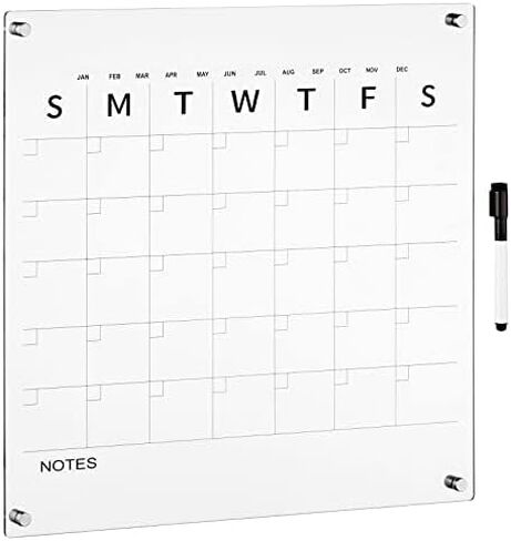 mDesign Modern Acrylic Calendar for Wall with Dry Erase Marker - Wall Mount Monthly Planner Board for Home, Office, Kitchen - 11.81" Square - Clear/Gold Print with Gold Finish Mounting Hardware in Saudi Arabia