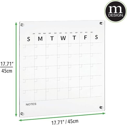 mDesign Modern Acrylic Calendar for Wall with Dry Erase Marker - Wall Mount Monthly Planner Board for Home, Office, Kitchen - 11.81" Square - Clear/Gold Print with Gold Finish Mounting Hardware in Saudi Arabia