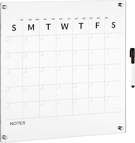 mDesign Modern Acrylic Calendar for Wall with Dry Erase Marker - Wall Mount Monthly Planner Board for Home, Office, Kitchen - 11.81" Square - Clear/Gold Print with Gold Finish Mounting Hardware in Saudi Arabia