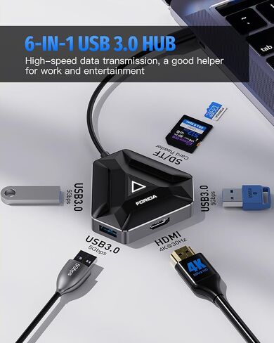 FORIDA 6 منافذ USB C Hub، محول USB C متعدد المنافذ، محطة إرساء كمبيوتر محمول USB C لأجهزة MacBook Pro وDell وHP وSamsung والمزيد من أجهزة USB C (2 منفذ USB 3.0، قارئ بطاقة SD/TF، ​​4K@60HZ HDMI، 100W PD ) in Kuwait