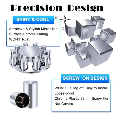 ABS Chrome Plastic Front and Rear Axle Cover Kits with 33mm Thread-on Flange Nut Covers for Semi Trucks in Pairs, Flat Top (Front & Rear 2+4) in Kuwait