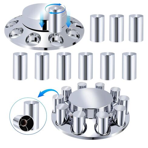 ABS Chrome Plastic Front and Rear Axle Cover Kits with 33mm Thread-on Flange Nut Covers for Semi Trucks in Pairs, Flat Top (Front & Rear 2+4) in Kuwait