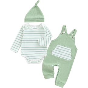 Newborn Baby Boy Summer Clothes Stripe Short Sleeve Romper Suspender Pants Hat 3Pcs Set Cute Coming Home Outfit in Kuwait