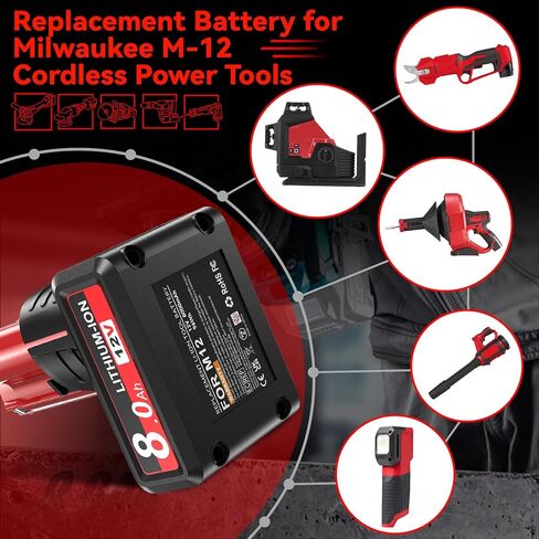 8.0Ah Replacement for Milwaukee M12 Battery, Compatible with Milwaukee 12V Battery 48-11-2411 48-11-2402 48-11-2440 48-11-2411 Cordless Tools 2 Packs in Kuwait