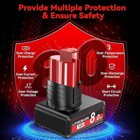 8.0Ah Replacement for Milwaukee M12 Battery, Compatible with Milwaukee 12V Battery 48-11-2411 48-11-2402 48-11-2440 48-11-2411 Cordless Tools 2 Packs in Kuwait