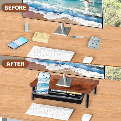 Monitor Stand with Storage Drawer, Wood Riser with Metal Bracket for Desk, Adjustable Desk Shelf for Top of Desk 3 Levels of Height & Angle, Computer Laptop Desktop Organizer White in Kuwait