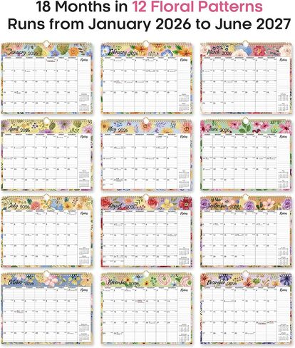 2025 Wall Calendar - 18 Months Wall Calendar Covers January 2025 to June 2026, Monthly Calendar(14.7"x11.5"), Hanging Wall Calendar for Easy Organizing, Colorful Typography in Kuwait